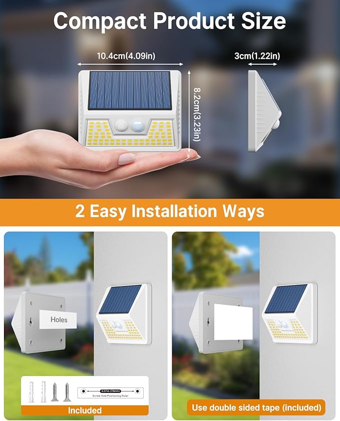 vighep 2 Pack Solar Motion Lights Outdoor, Waterproof Fence Lights Solar Powered with 3 Lighting Mode, Cold White LED Step Light for Outside Wall Yard Deck Stairs Garden - White