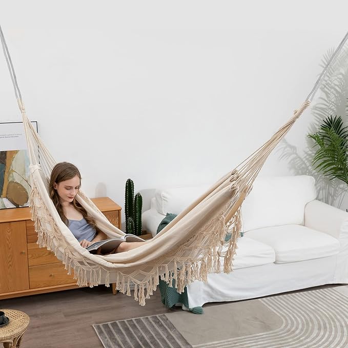 Boho Macrame Hammock with Elegant Tassels for Patio, Yard, Beach Wedding Decor, Outdoor and Indoor Up to 450lbs Include Tie Ropes and Drawstring Bag