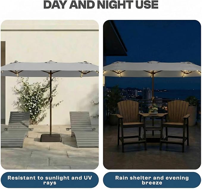 15FT Patio Umbrella with Solar Lights, Double-Sided Extra Large Outdoor Table Umbrella with Base Included, Heavy-Duty 12 Iron Ribs Market Umbrella for Garden, Pool, Backyard, Light Gray