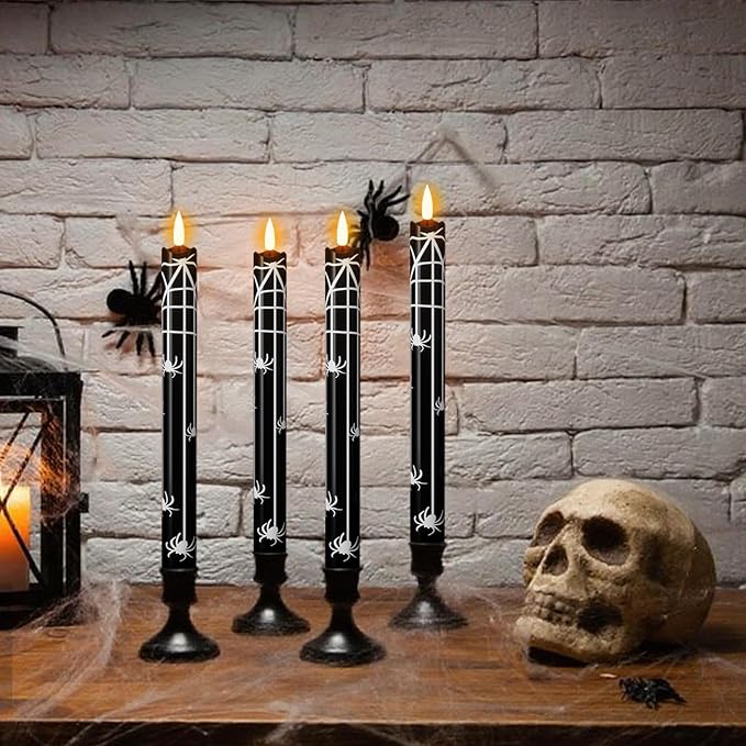 Eldnacele Halloween Flameless Flickering Taper Candles with Remote and Timer, Battery Operated Spider Web Decal Real Wax Black LED Window Candles Set of 4 Table Centerpiece Horror Halloween Decor