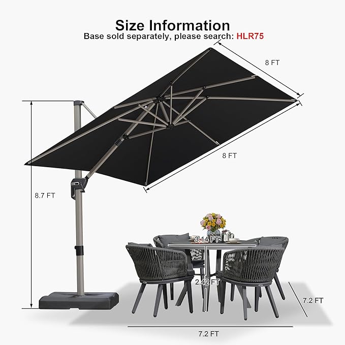 PURPLE LEAF 8’ X 8‘ Patio Umbrella Outdoor Cantilever Umbrella, Aluminum Offset Umbrella with Champagne Frame and 360° Rotation for Pool Deck Garden, Black