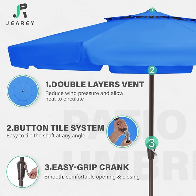 JEAREY 9' 2-Tiers Patio Umbrellas Outdoor Market Table Umbrella w/Push Button Tilt/Crank, 8 Sturdy Ribs, UV Protection Waterproof Sunproof(Royal Blue)