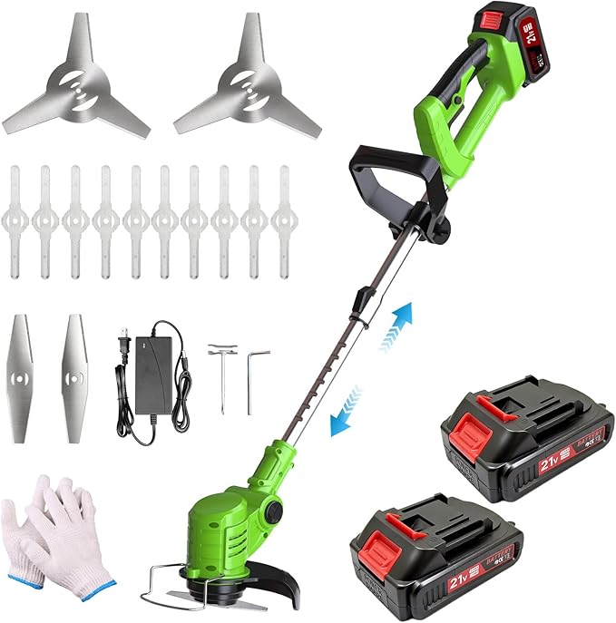 21V Electric Weed Wacker Cordless, Weed Eater Battery Powered, Weed Trimmer, Brush Cutter, Telescopic Handle, 3 Cutting Methods, Lawn Trimmer for Garden and Yard Lawn, 2 * 2.0Ah Batteries & Charger