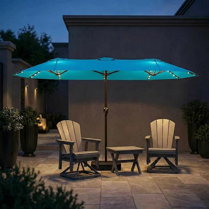 15FT Patio Umbrella with Solar Lights, Double-Sided Extra Large Outdoor Table Umbrella with Base Included, Heavy-Duty 12 Iron Ribs Market Umbrella for Garden, Pool, Backyard, Sky Blue