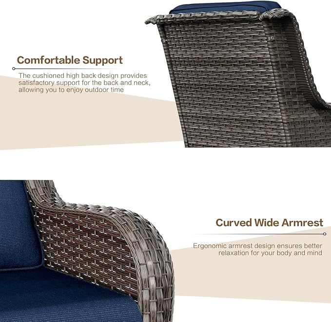 3 Pieces Patio Furniture Conversation Set PE Rattan Wicker Outdoor with 2 Armrest Chair and 1 Coffee Side Table, Soft Thick Washable Cushion for Yard Backyard Poolside (Brown/Navy Blue)