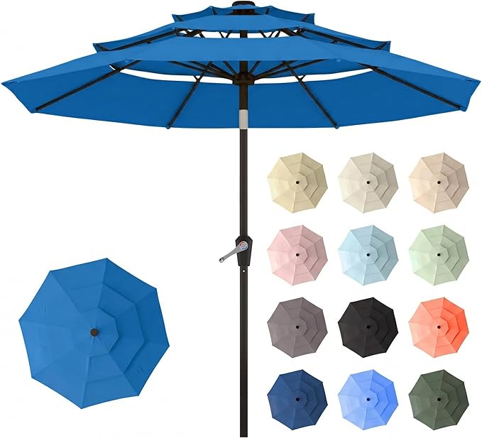 10ft Patio Umbrella, 3 Tier Outdoor Market Table Umbrellas with 8 Fiberglass Ribs and Push Button Tilt, Windproof, Vented Canopy, UV Protection for Deck, Pool, Backyard