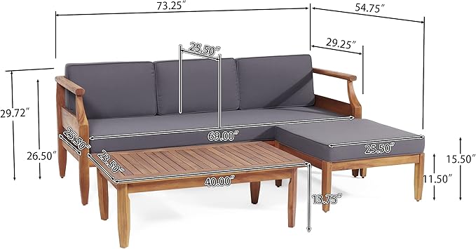 Christopher Knight Home Aston Outdoor 3 Seater Sofa Chat Set with Ottoman - Acacia Wood - Teak/Dark Gray