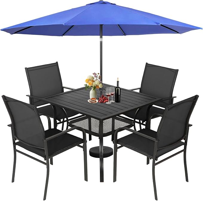 Incbruce 6 Pieces Patio Dining Set with Dark Blue Umbrella, Outdoor Dining Set of 4 Textilene Chairs and Square Table with Umbrella Hole for Backyard, Garden, and Poolside (Black)