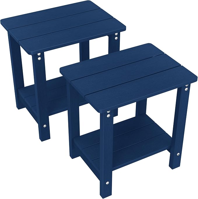 MXIMU Outdoor Side Table Set of 2: Heavy-Duty Sturdy Warp Resistant Adirondack Table - Wood Grain Finish Outdoor End Tables - Easy Assembly & Low Maintenance Patio Side Table Navy
