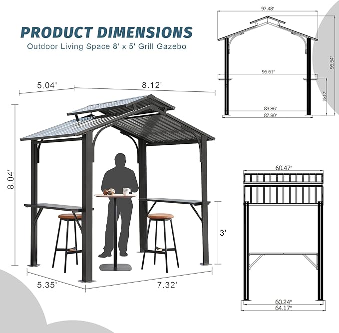 Domi 8x5FT Hardtop Grill Gazebo, Grill Canopy for Outdoor Grill w/Double Galvanized Steel Roof, 2 Side Shelves and Ceiling Hooks, Grill Tent BBQ Gazebo for Patio Garden Backyard, Grey, Gray