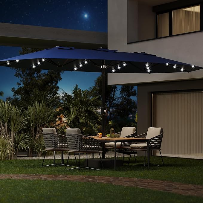 15FT Outdoor Double-Sided Umbrella With Solar Lights, Large Rectangle Patio Market Umbrella, 36 PCS LED Lights, Suitable for Poolside Lawn Backyard, Base Included