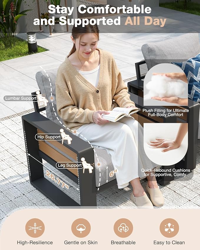 Aoxun Aluminum Patio Furniture Set, 4 Piece Luxury Outdoor Sectional with 6" Olefin Fabric Cushions, Patio Conversation Sets with Coffee Table and Waterproof Cover for Backyard, Porch Light Grey