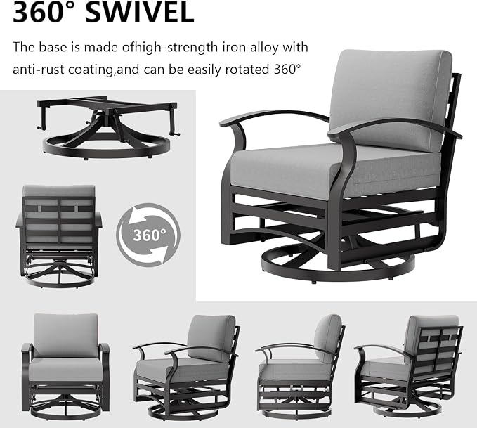 5 Piece Aluminum Outdoor Patio Furniture Set with 48" Round Propane Fire Pit, Outdoor Dining Table Set with 4 Aluminum Swivel Chairs, Outdoor Furniture Set with Fire Pit for Porch, Balcony, Grey