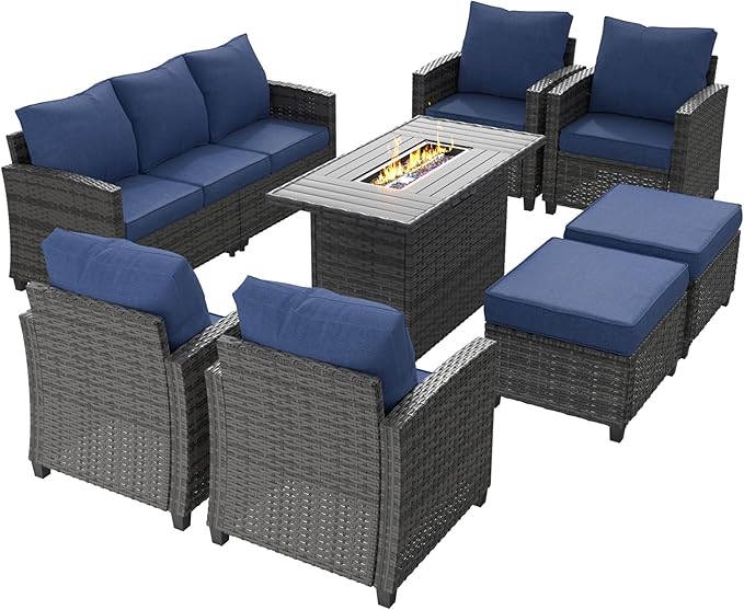 UDPATIO Outdoor Patio Furniture Set with 44" Fire Pit Table, 8 Pieces Sectional Conversation Sets, All-Weather Wicker Rattan Sofa Ottoman with 4" Thick Cushion for Garden Backyard Deck, Navy Blue