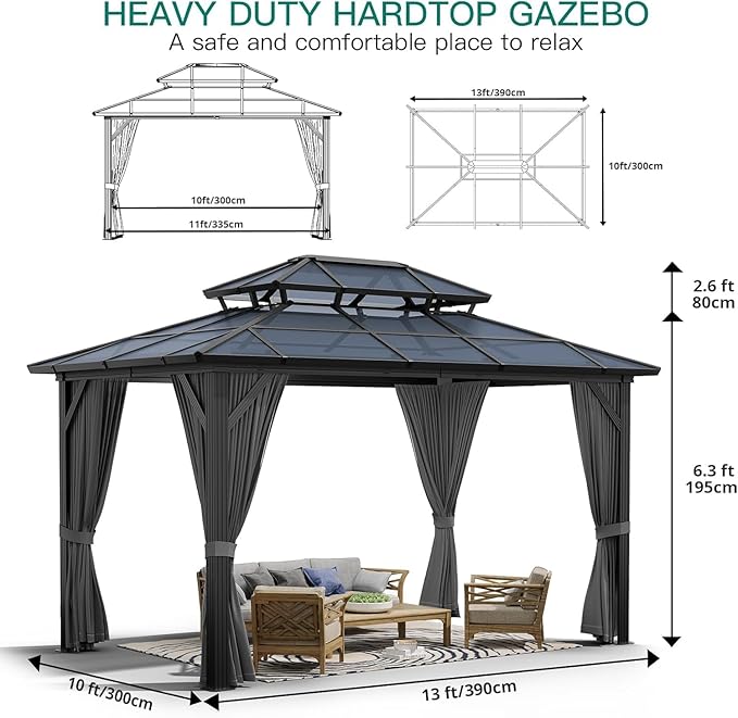 GAOMON 10'x12' Hardtop Gazebo with Polycarbonate Double Roof, Durable Aluminum Frame, Weatherproof & UV Protection for Garden, Patio, Lawn