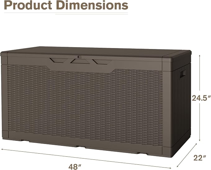 JUMMICO 100 Gallon Resin Deck Box, Waterproof Outdoor Storage Box with Lockable Lid for Garden Tools, Patio Cushions (Brown)
