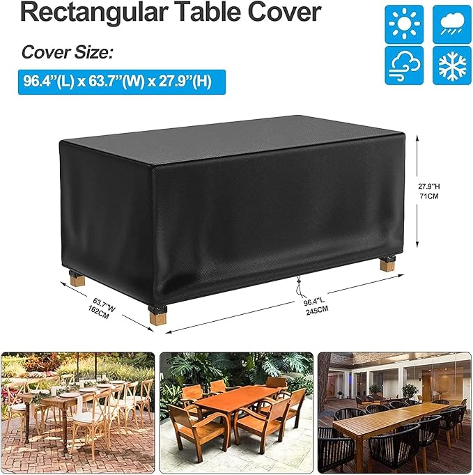 Patio Table Cover 100% Waterproof, 96.4x63.7x27.9 inch Outdoor Table Cover Rectangular, Patio Furniture Cover for Dinning Furniture, Picnic Coffee Tables Chairs and Sofas, Black