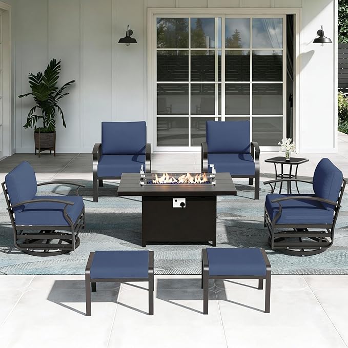 ALAULM Aluminum Patio Furniture Set with Propane Fire Pit Table 6-seat Metal Outdoor Furniture w/Swivel Chairs Patio Sectional Sofas w/5.1" Cushions for Patio, Backyard, Poolside-DarkBlue