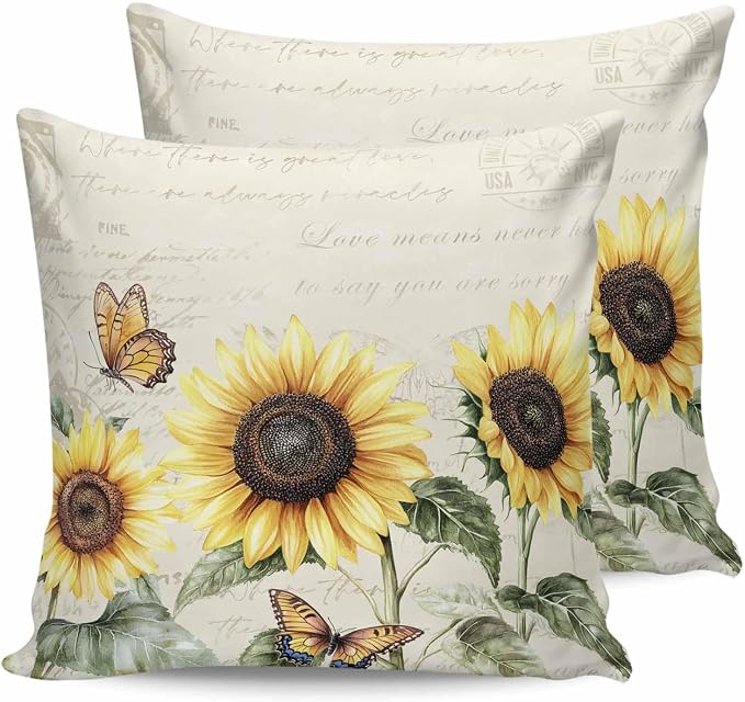 Sunflower Outdoor Waterproof Throw Pillow Covers 26"x26" Set of 2, Pastoral Style Sunflower Butterfly Decorative Garden Pillowcase with Zipper Retro Farmhouse Cushion Case for Patio Couch Tent