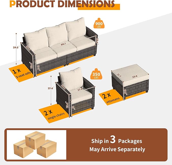 UDPATIO Patio Furniture Set, 5 Pieces Outdoor Sectional Sofa Set, All-Weather Wicker Rattan High Back Outdoor Conversation Set with Ottoman for Poolside, Backyard, Grey Wicker Khaki Cushion