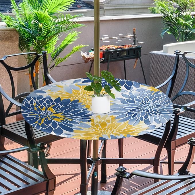 OSAM SPACE Outdoor Tablecloth with Umbrella Hole, Round Elastic Fitted Table Cloth with Invisible Zipper,Blue Yellow Chrysanthemum Flower Picnic Patio Table Cover 36-44in