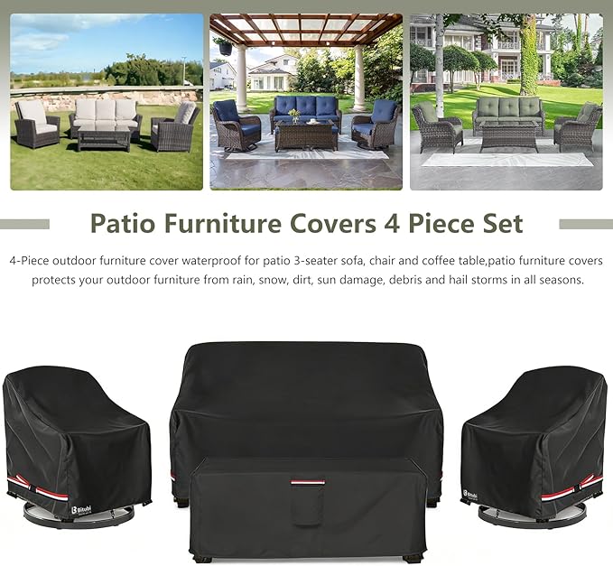 Bitubi Outdoor Waterproof Patio Furniture Covers 4-Piece Set for Swivel Rocker Chairs, Patio 3-Seater Sofa 76in, Coffee Table 48in, Heavy Duty 600D Tough Canvas, Black