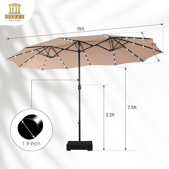 HERA'S PALACE 15ft Patio Umbrella with Base Included Double Sided Outdoor Umbrella for Patio Table Umbrella Outdoor 36 LED Solar Lights for Garden