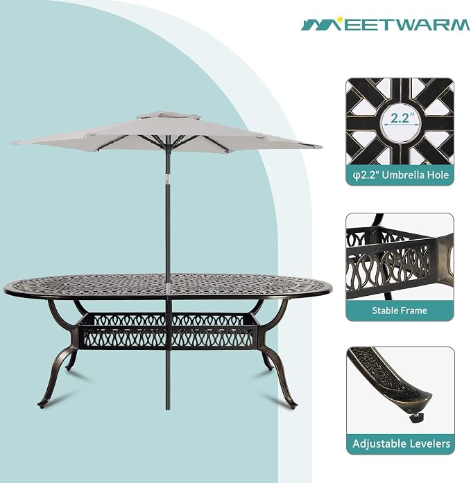 MEETWARM 9-Piece Outdoor Patio Dining Set, All-Weather Cast Aluminum Outdoor Dining Table Set for 8 with 84" Oval Table, 8 Cushioned Swivel Patio Chairs for Backyard Garden, Umbrella Hole, Navy Blue