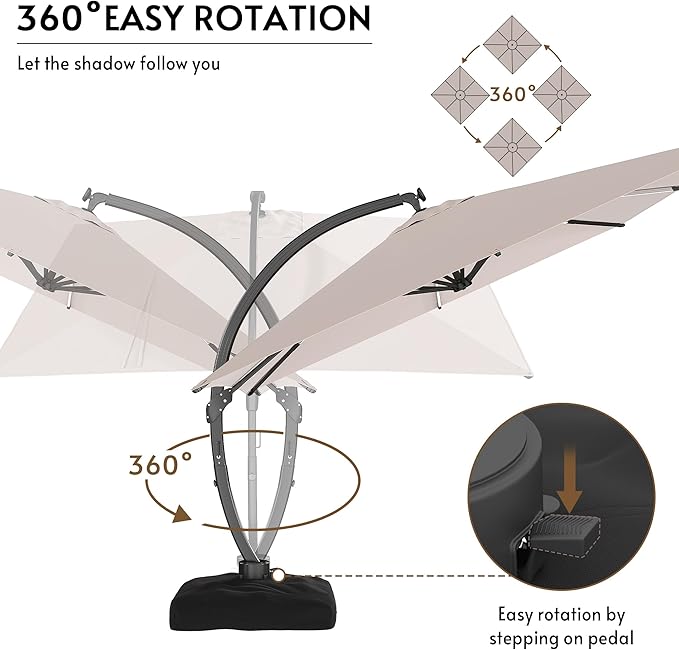 11x11FT Solar Powered LED Light Cantilever Patio Umbrella with Base Included, Large Cantilever Umbrella with 360°Rotation, Heavy-Duty Offset Outdoor Umbrella for Patio,Pool,Backyard (Champagne)
