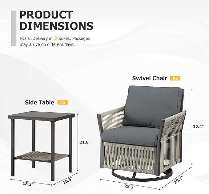 5 Piece Patio Bistro Furniture Set with Ottoman and Glass Side Table Swivel Rocker Glider Outdoor Chairs Set of 2, High Back Wicker Patio Conversation Set for Deck Porch Sunroom (Grey)