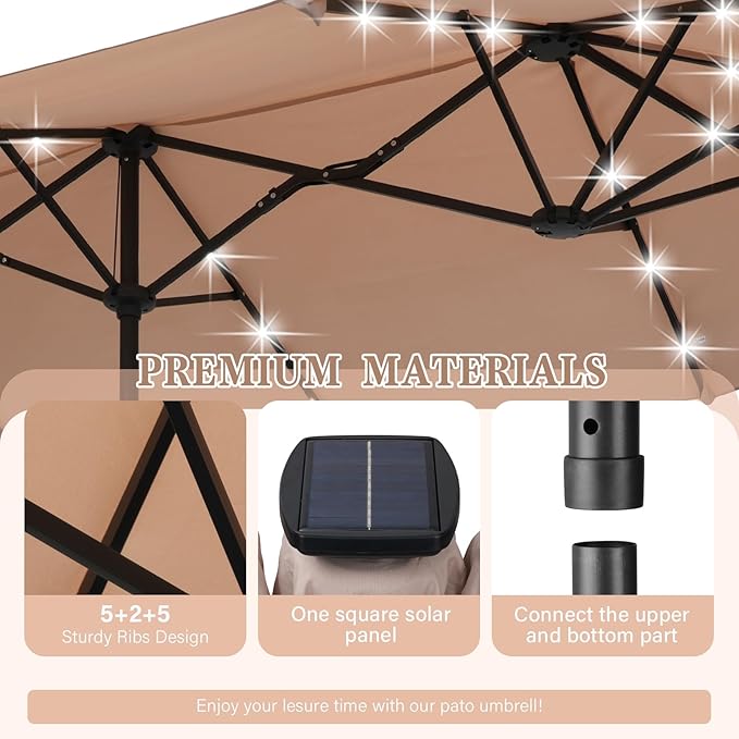 13 ft Patio Umbrella with 36 LED Lights, Large Rectangle Outdoor Solar Umbrella with Matching Base, Strap, Crank, Khaki
