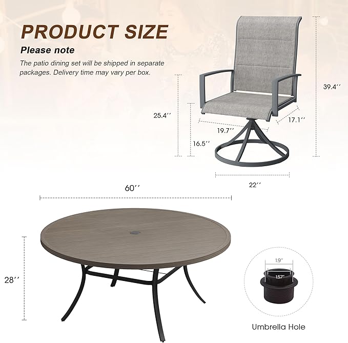 VICLLAX 9 Pieces Outdoor Dining Set, Patio Furniture Set Includes 60" Round Metal Table W/ 1.9" Umbrella Hole and 8 Padded Textilene Swivel Chairs for Porch, Lawn, Garden, Backyard