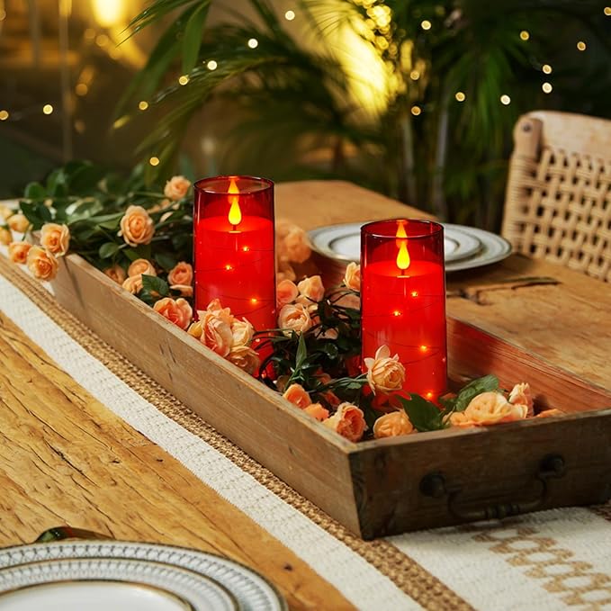 Homemory Flameless Candles with Embedded Star String Fairy Lights, Battery Operated Candles, LED Candle, Fake Candles with Remote Control and Timer, Red, Set of 2(H 6" 6")