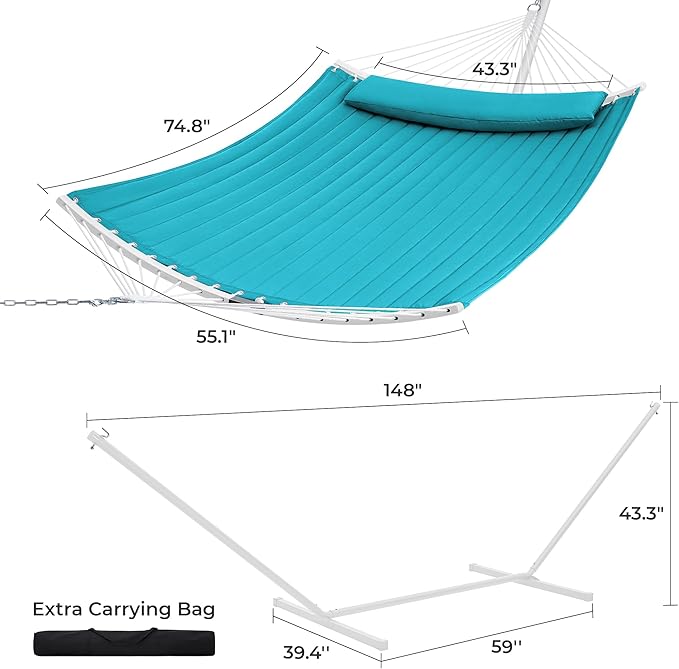 SUPERJARE Hammock with Stand, 2 Person Heavy Duty Hammock with Padded Cotton, Detachable Pillow & Strong Curved-Bar & Portable Carrying Bag, Perfect for Outdoor & Indoor, Sky Blue
