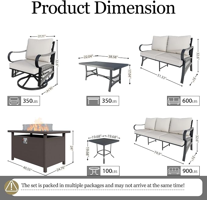 10-Piece Outdoor Furniture Set, Metal Swivel Rocking Chairs with All-Weather Cushions, Patio Conversation Set with Fire Pit Table for Deck, Porch, Garden, Backyard, Poolside (Beige Cushions)