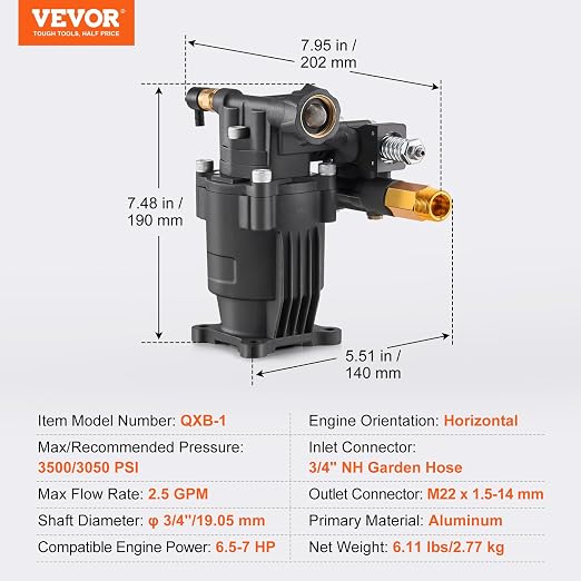 VEVOR Pressure Washer Pump, 3/4" Shaft Horizontal, 3500 PSI, 2.5GPM, Replacement Power Washer Pumps Kit with 5 Nozzles, Hardware and Siphon Tube, Compatible with Simpson, Honda, Troy-Bilt, Generac
