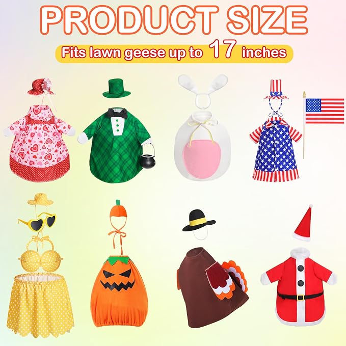 FuWeave 8 Set Holiday Porch Goose Outfits 17'' Goose Clothes Summer Fall Halloween Christmas Winter Thanksgiving Valentine St. Patrick Easter 4th of July Lawn Porch Geese Costume for Patio Yard Decor