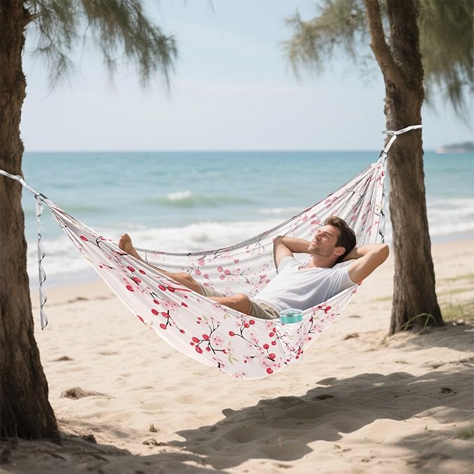Camping Hammock Outdoor Hammocks for Outside Cherry Flower Pink Beach Trees Portable Lightweight with Pockets Tree Straps Indoor