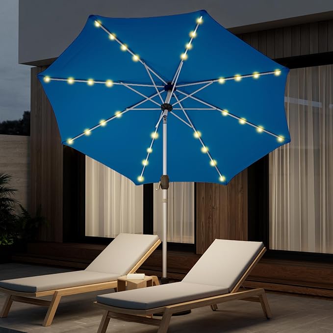 10FT 40-LED Solar Lighted Aluminum Patio Umbrella, Fade-Resistant Outdoor Market Table Umbrella with Push Button Tilt Function, 8 Sturdy All-Aluminum Ribs for Gardens, Decks, Backyards & Pools