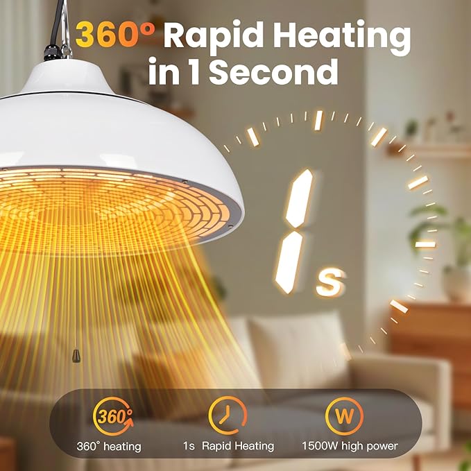 Electric Outdoor Heater for Patio, 1500W Infrared Heater for Indoor & Outdoor, IP55 Waterproof, Fast Heating, Tip-Over Protection, Perfect for Garden, Balcony, Garage (white, hanging)