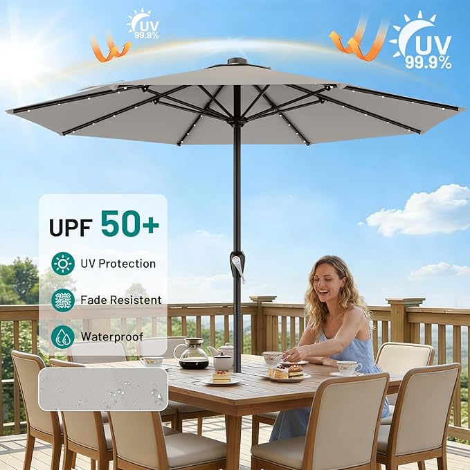 AreShark 12FT Large Patio Umbrella with Solar Lights, Solar Powered Outdoor Umbrella with Crank, Patio Table Market Umbrellas for Garden, Deck, Backyard, Pool and Beach, Light Gray