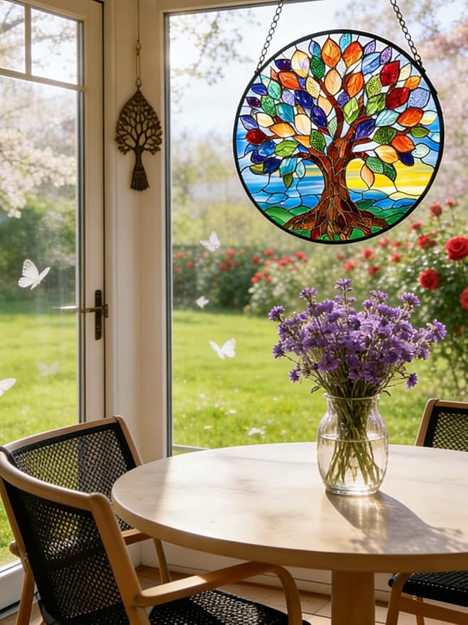 Tree of Life Stained Glass Suncatcher Window Hanging Birthday Gifts | 6.3in Garden Sun Catcher, Colorful Tree Art Sunrise Ornament for Door Home, Gift for Women Men & Mother's Day Christmas