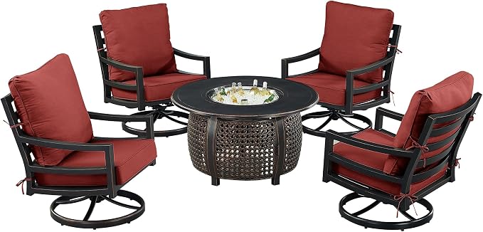 Oakland Living Black Aluminum Patio Fire Table Set with Four Club Chairs and Red Cushions