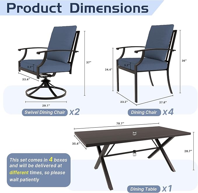 ALAULM 7-Piece Patio Dining Table and Chairs for 6 Outdoor Dining Set with 2 Swivel Chairs Patio Dining Sets with Rectangular Metal Table with Umbrella Hole for Patio, Backyard, Garden-Dark Blue