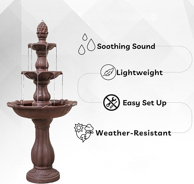 XBrand 51" 3-Tier Outdoor Waterfall Fountain, Weather-Resistant Resin Freestanding Water Feature with Pump, Brown