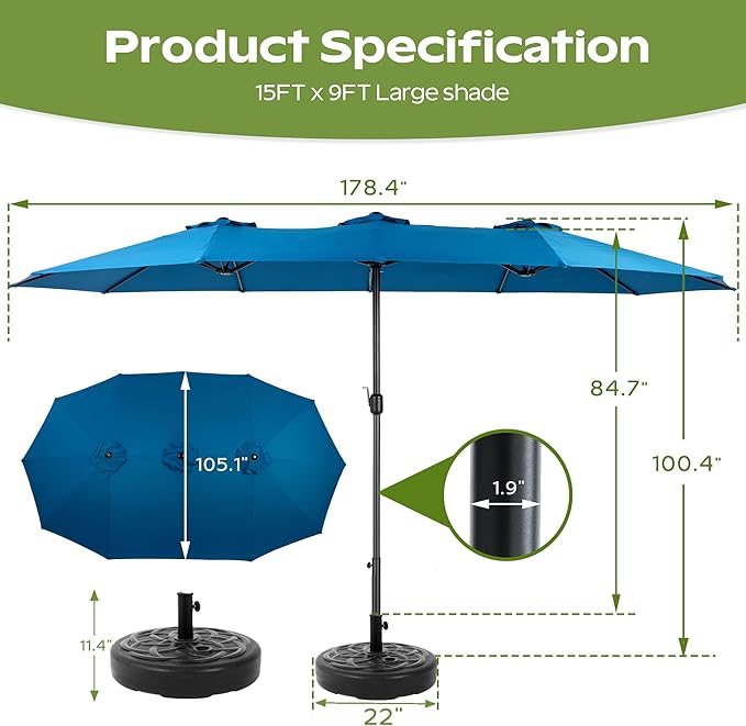 15ft Umbrella Outdoor Patio - Double-Sided Large Market Rectangle Umbrellas with Crank Handle for Patio Garden Yard Pool (No Base)