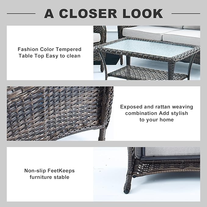 Belord Outdoor Wicker Loveseat Furniture Set of 4 with Coffee Table for Porch Deck Balcony, 4 Pieces Rattan Outdoor Conversation Sets Include 2 Club Chairs 1 Loveseat Couch 1 Coffee Table Brown/Beige