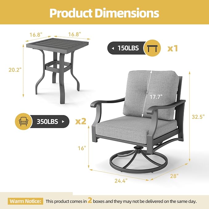 Outdoor Swivel Rocking Chairs, 3 Piece Metal Patio Rocker Chair w/Coffee Table, Aluminum Patio Bistro Furniture Set with 5" Thickened Cushions for Porch, Yard, Balcony, Gray