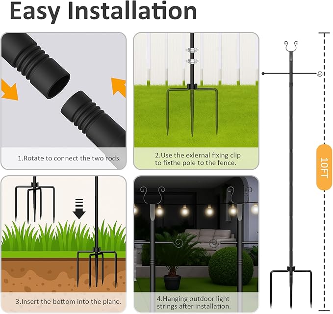 4 Pack String Light Poles 10 Ft - Patio Adjustable Stand with Fork, Backyard Heavy Metal Lighting Posts for Outside Deck Wedding Garden Party