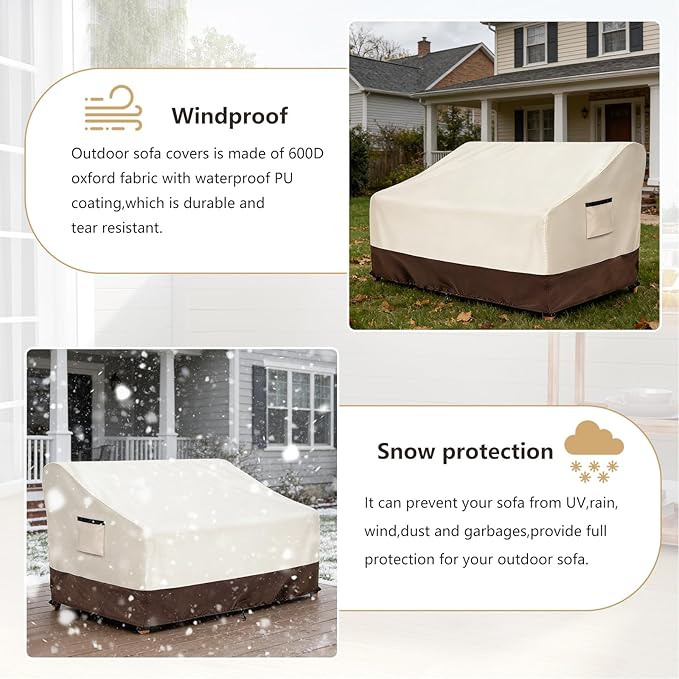 2-Seater Patio Sofa Cover, 600D Heavy Duty Waterproof Outdoor Sofa Covers, 58 W x 32.5 D x 31 H Inches Outdoor Couch Cover, Patio Furniture Covers, Lvory&Brown
